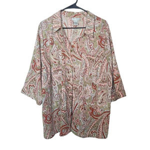 Catherines Tan Red Plaid 3/4 Sleeve Casual Button Down Shirt Womans Plus Size 1X